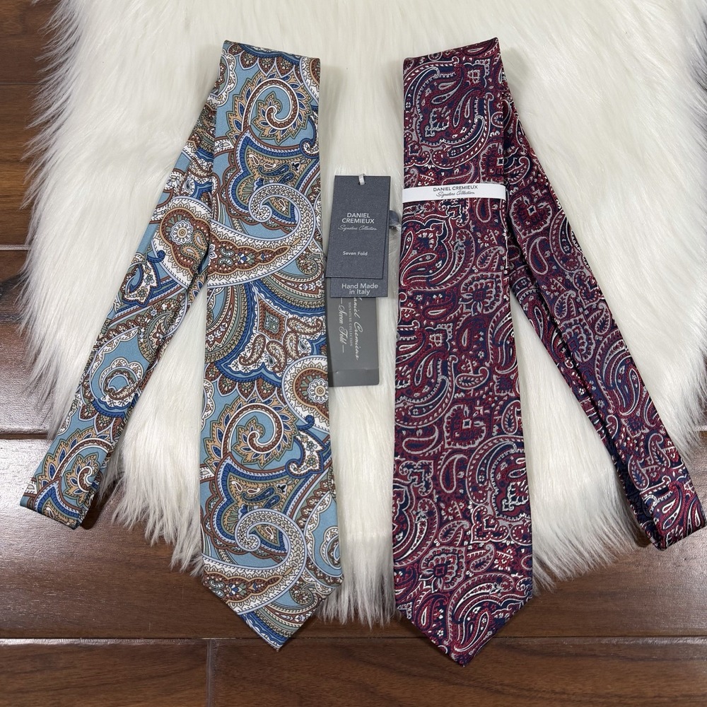 Lot of 2 Daniel Cremieux Blue & Red Full Windsor Paisley Silk Tie Seven Fold
